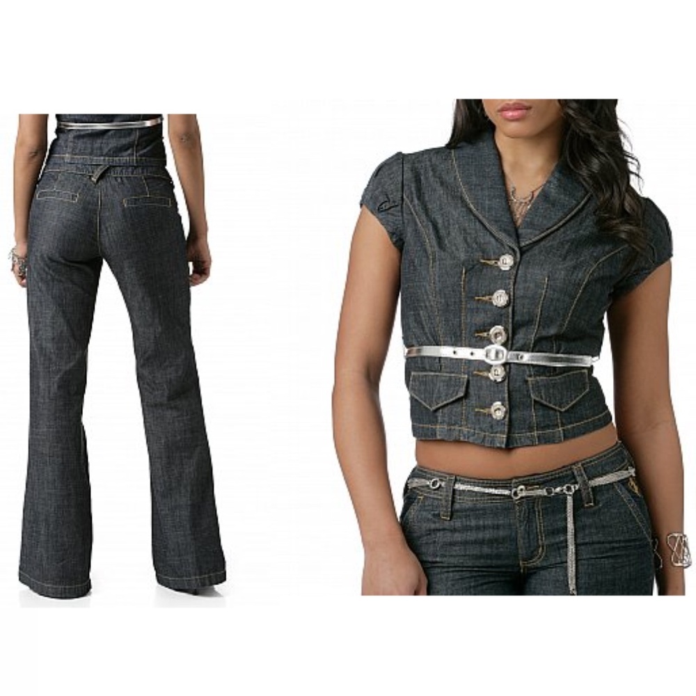 Y2K BABY PHAT Chambray Denim Belted Jacket w Wide leg Pants set suit L , 5